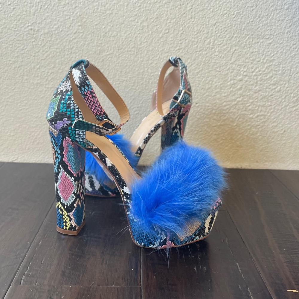 Blue snakeskin platform heels